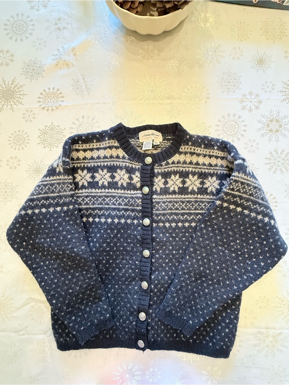 Vintage Eddie Bauer Fair Isle Sweater Button Front Wool Nordic Snowflake Blue M